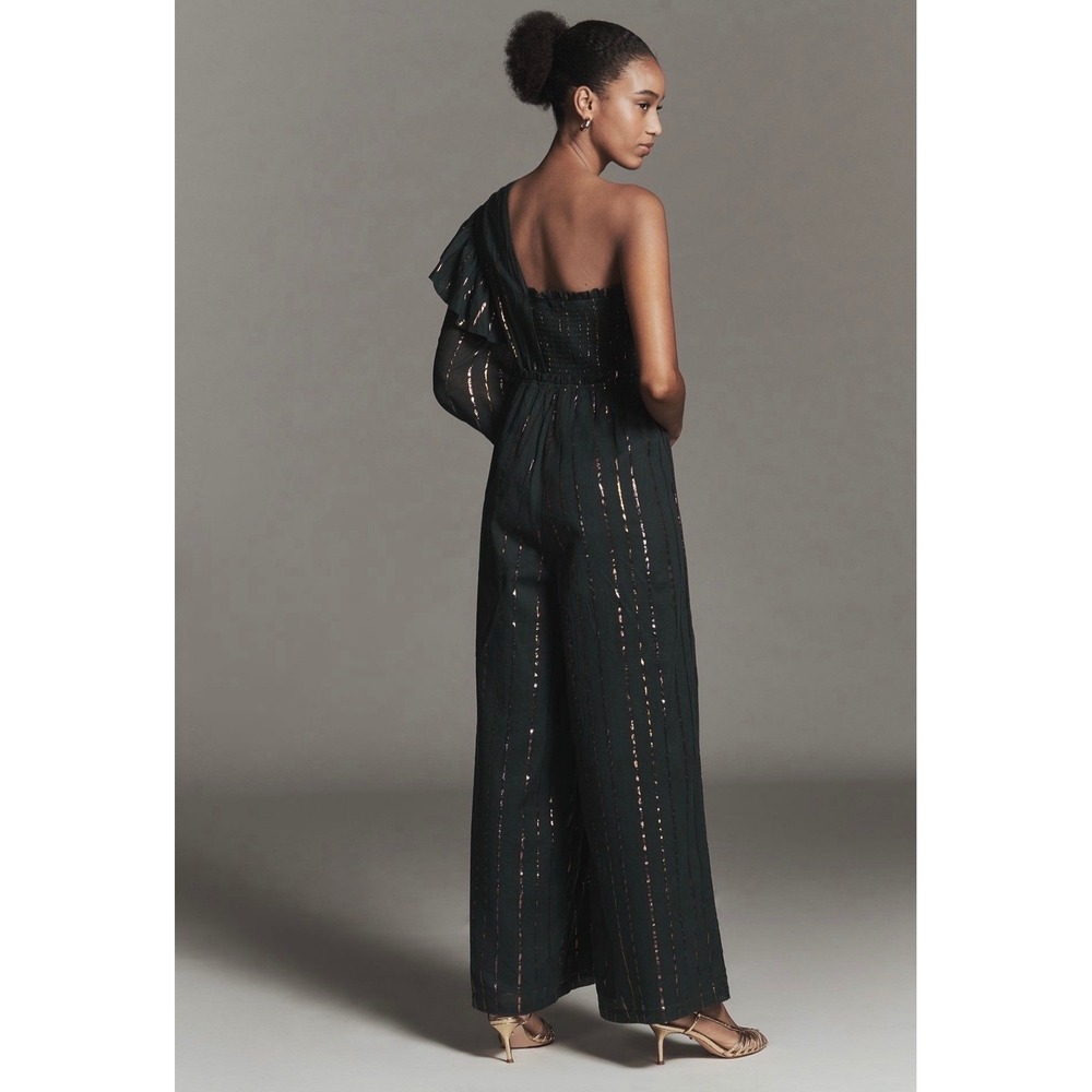 Farm Rio Anthropologie Green Metallic Striped One Shoulder Wide Leg Jumpsuit NEW - Picture 9 of 12